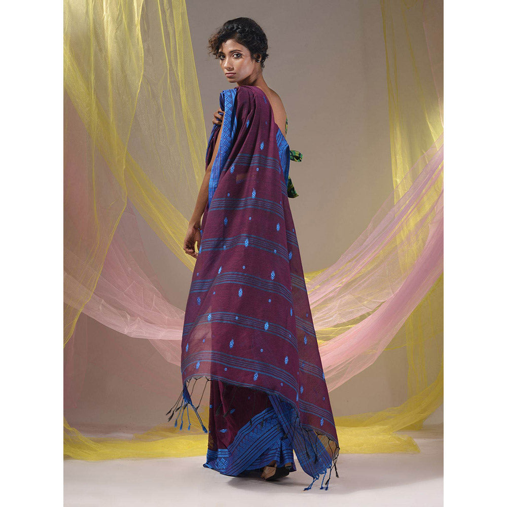 CHARUKRITI Wine Cotton Handloom Soft Saree with Unstitched Blouse