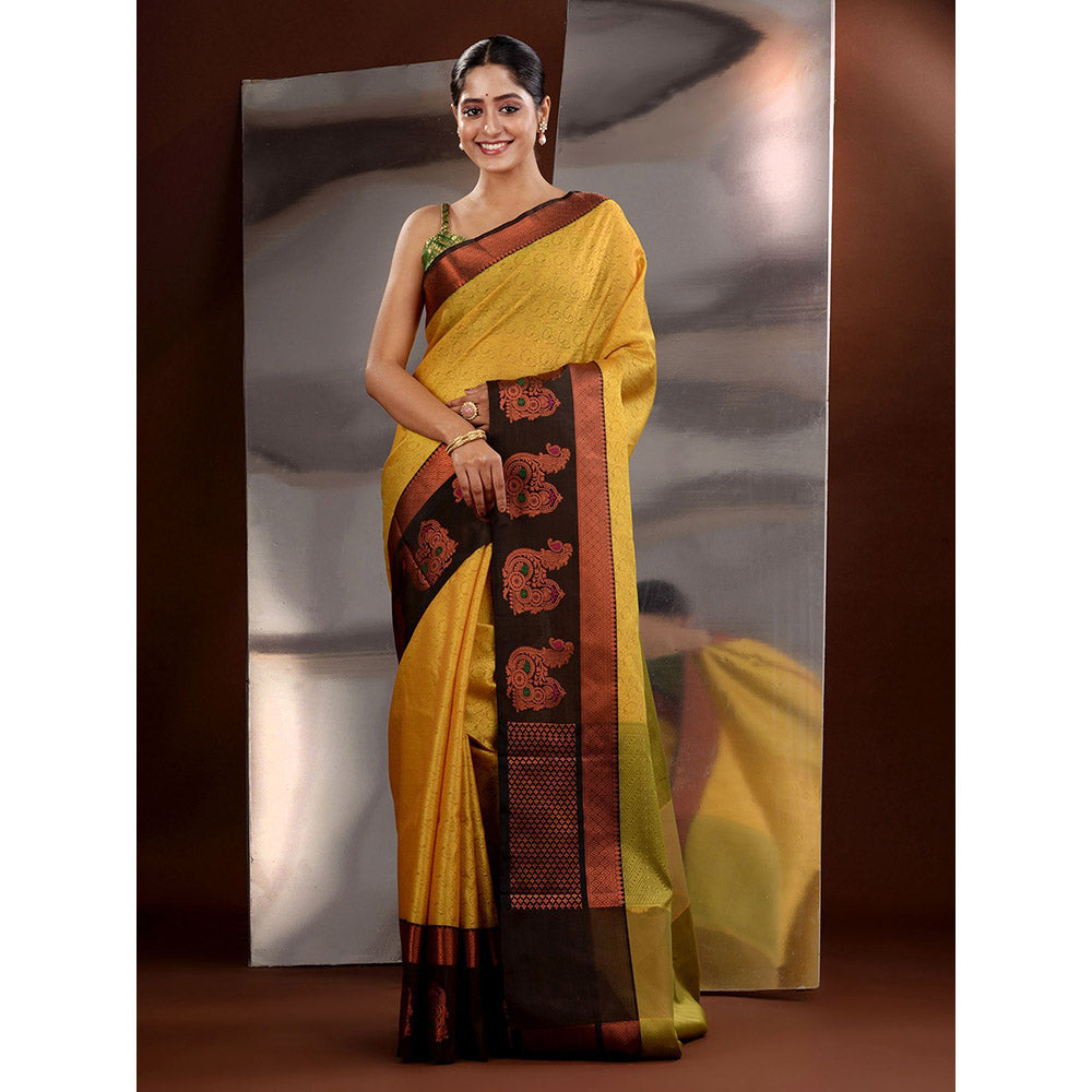 CHARUKRITI Yellow Tanchoi Zari Handwoven Saree with Unstitched Blouse