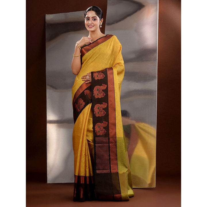 CHARUKRITI Yellow Tanchoi Zari Handwoven Saree with Unstitched Blouse