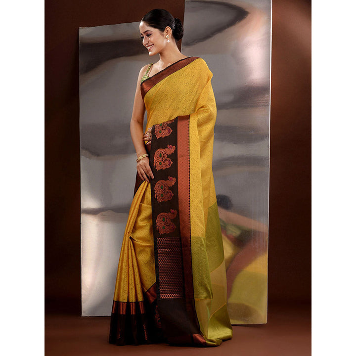 CHARUKRITI Yellow Tanchoi Zari Handwoven Saree with Unstitched Blouse