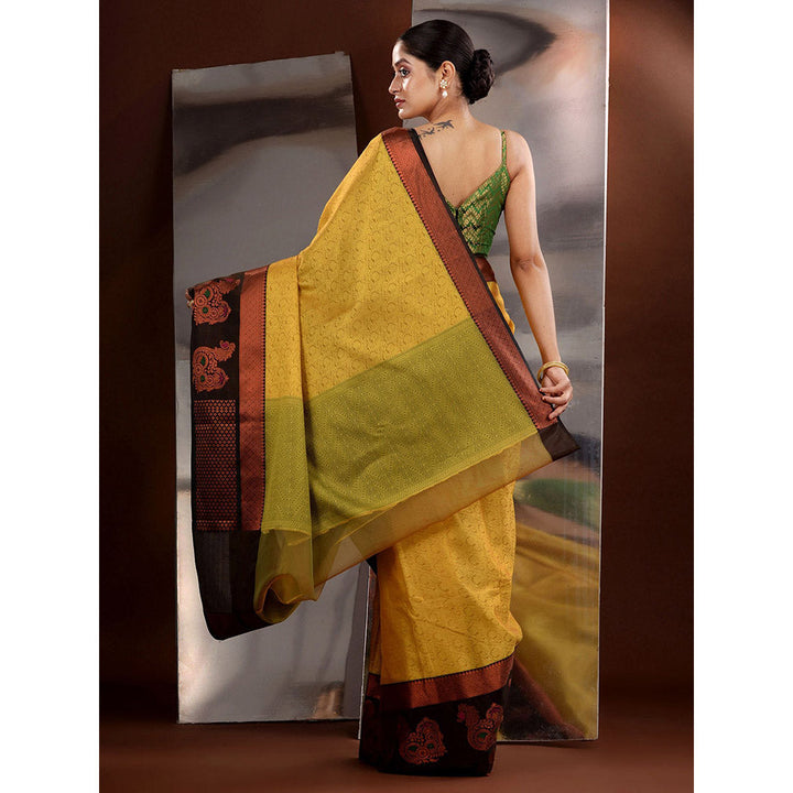 CHARUKRITI Yellow Tanchoi Zari Handwoven Saree with Unstitched Blouse