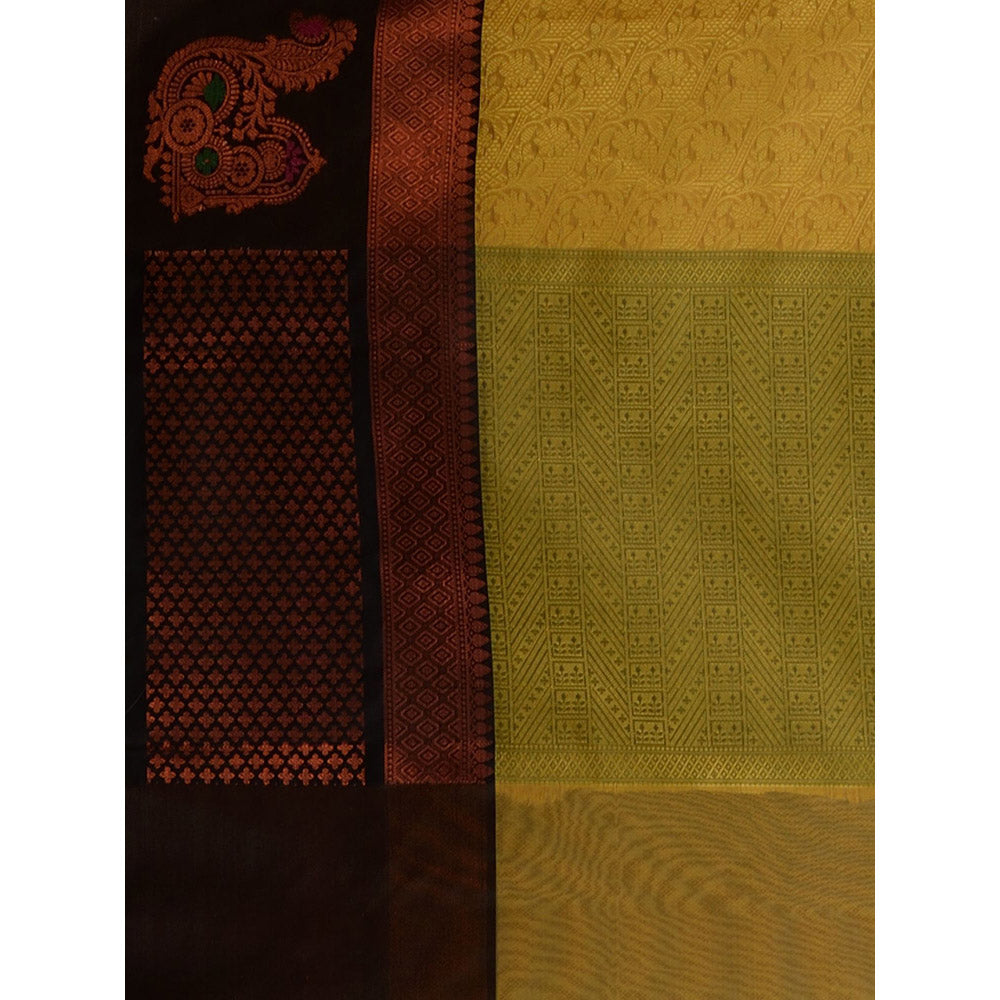 CHARUKRITI Yellow Tanchoi Zari Handwoven Saree with Unstitched Blouse