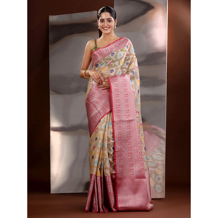 CHARUKRITI Beige Organza Zari Handwoven Saree with Unstitched Blouse