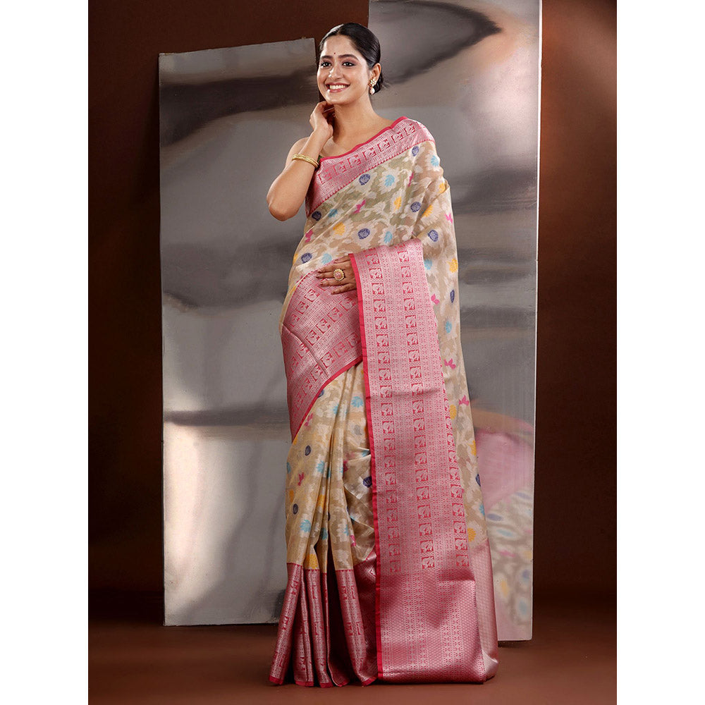 CHARUKRITI Beige Organza Zari Handwoven Saree with Unstitched Blouse