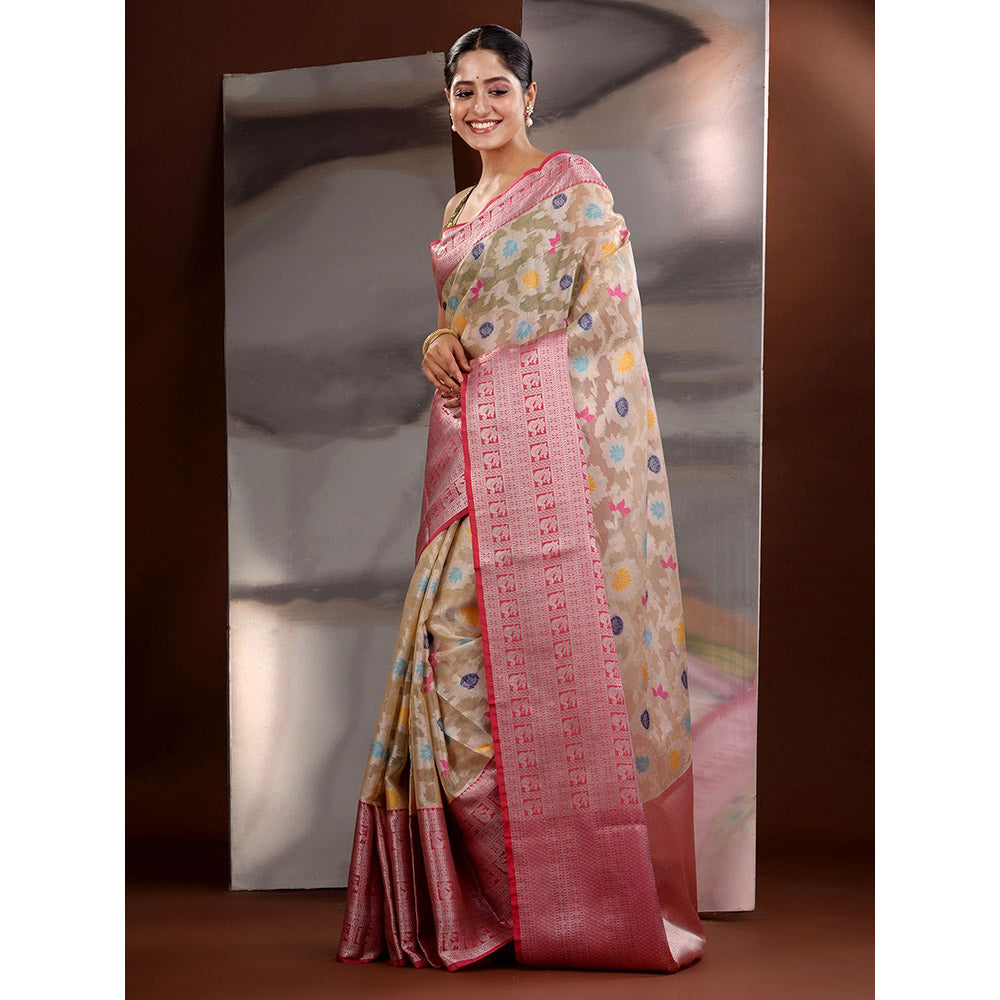 CHARUKRITI Beige Organza Zari Handwoven Saree with Unstitched Blouse