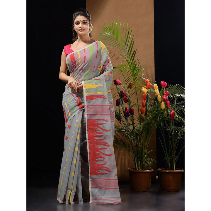 CHARUKRITI Grey Handwoven Saree with Multicolour Motifs & Floral Designs