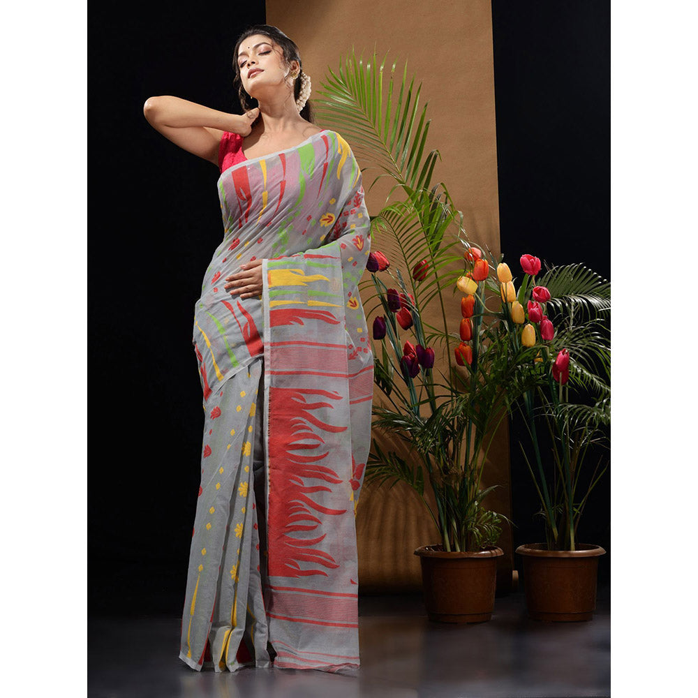 CHARUKRITI Grey Handwoven Saree with Multicolour Motifs & Floral Designs