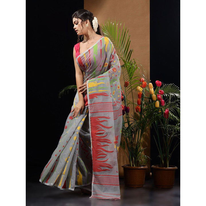 CHARUKRITI Grey Handwoven Saree with Multicolour Motifs & Floral Designs