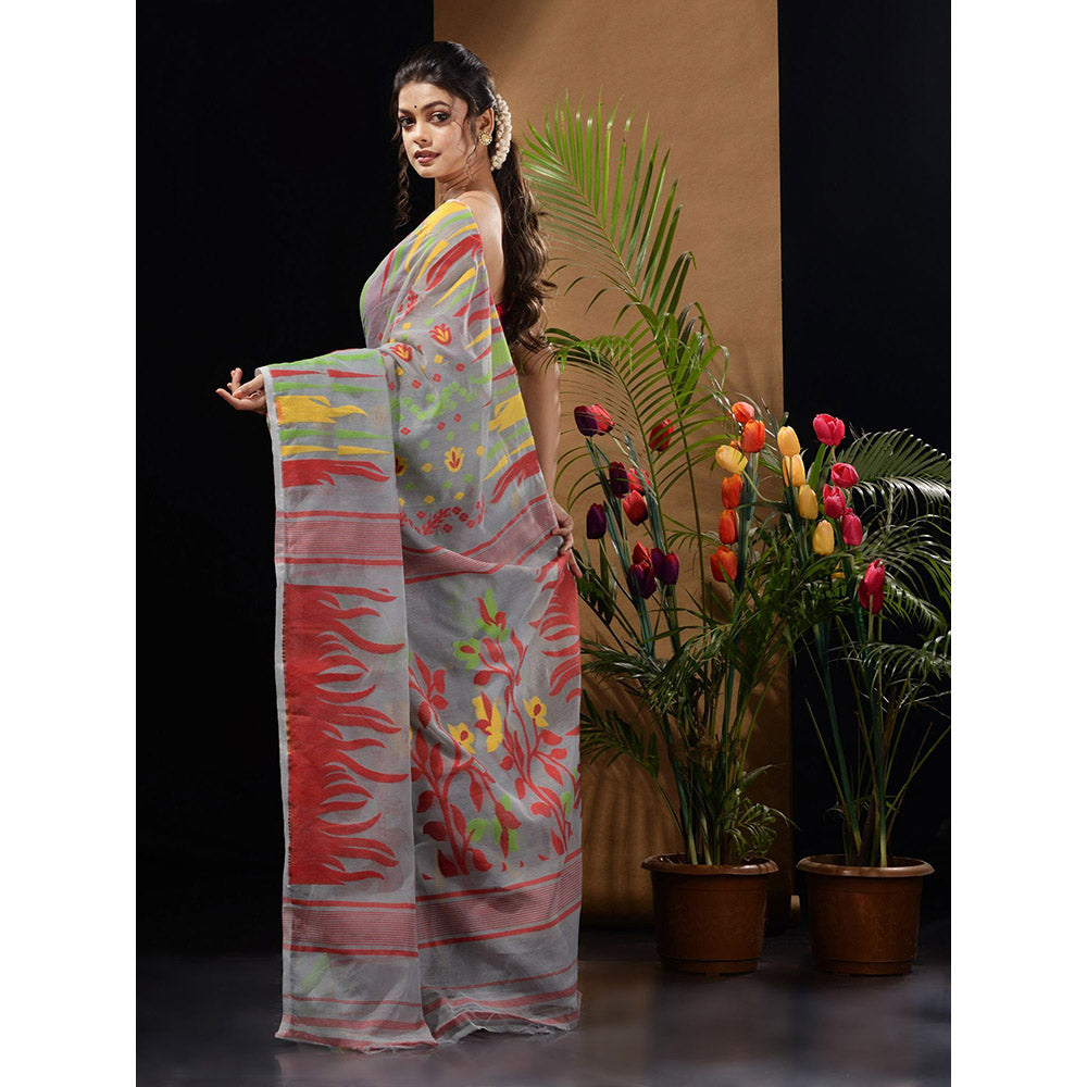 CHARUKRITI Grey Handwoven Saree with Multicolour Motifs & Floral Designs