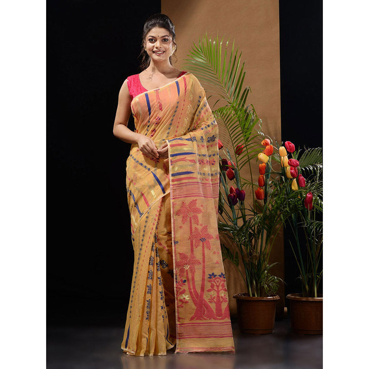 CHARUKRITI Ochre Yellow Handwoven Saree with Woven Designs & Zari Work