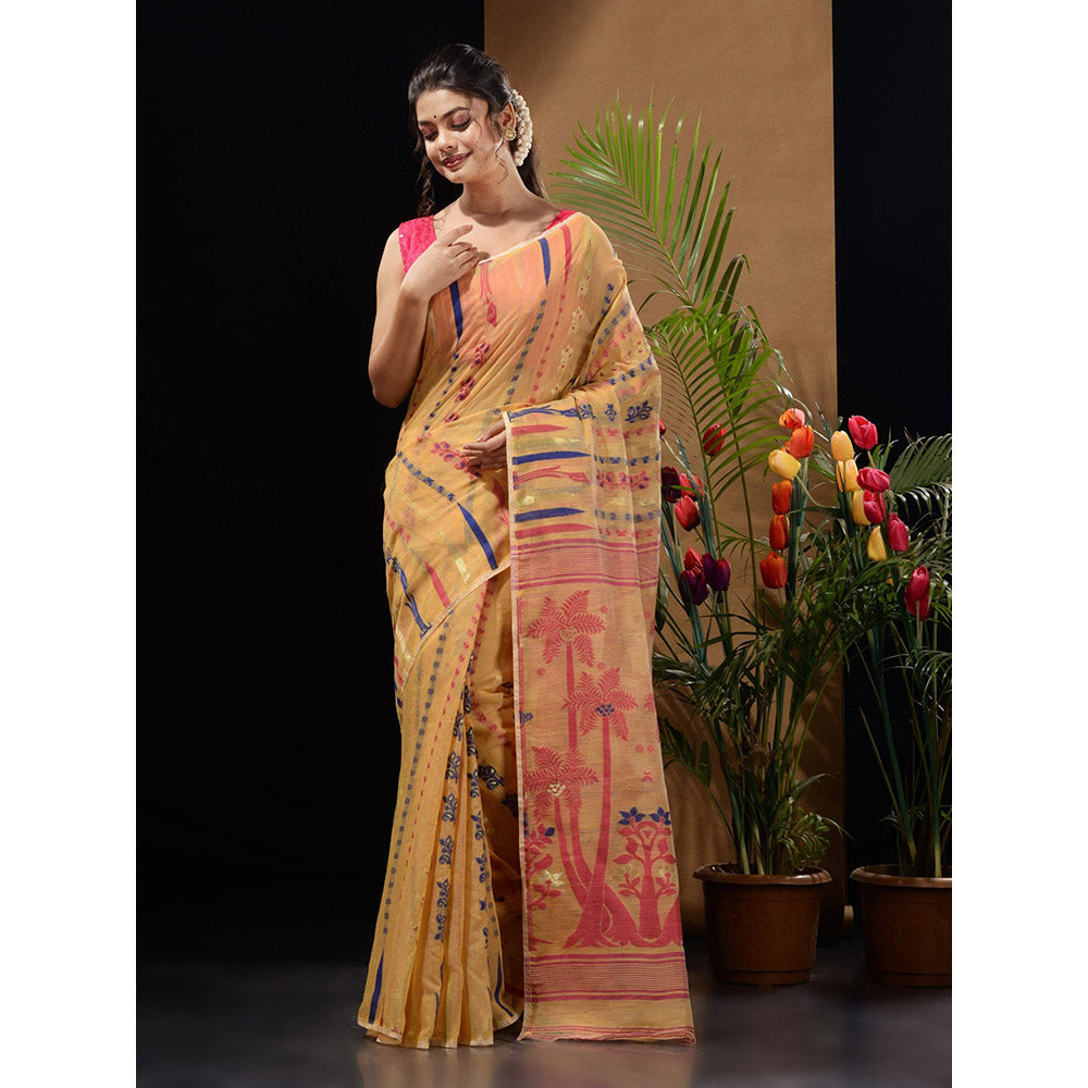 CHARUKRITI Ochre Yellow Handwoven Saree with Woven Designs & Zari Work