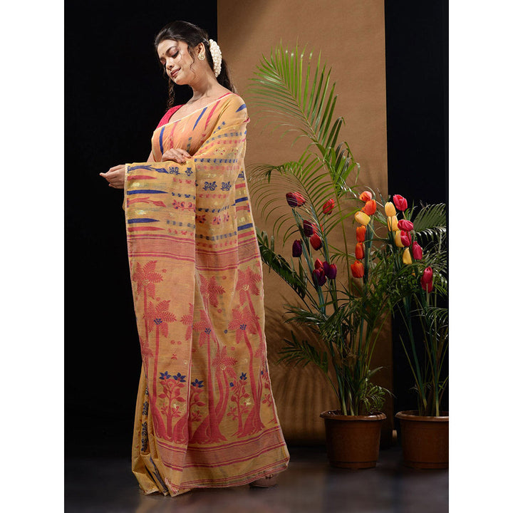 CHARUKRITI Ochre Yellow Handwoven Saree with Woven Designs & Zari Work