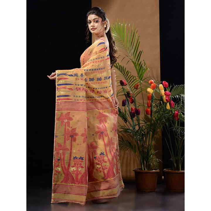 CHARUKRITI Ochre Yellow Handwoven Saree with Woven Designs & Zari Work