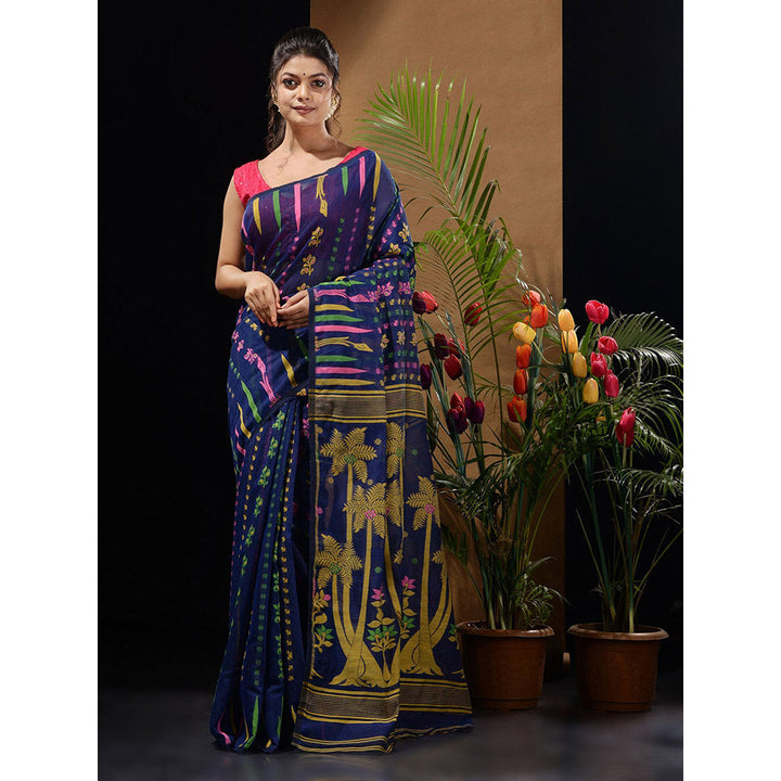 CHARUKRITI Blue Handwoven Saree with Woven Designs