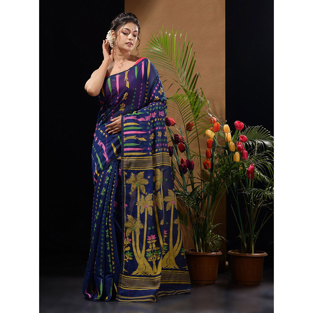 CHARUKRITI Blue Handwoven Saree with Woven Designs