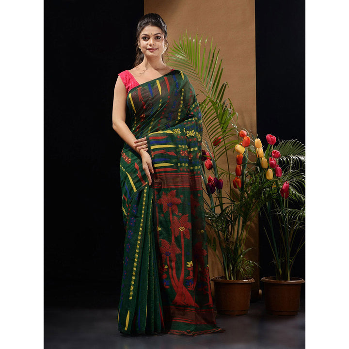 CHARUKRITI Emerald Green Handwoven Saree with Woven Designs