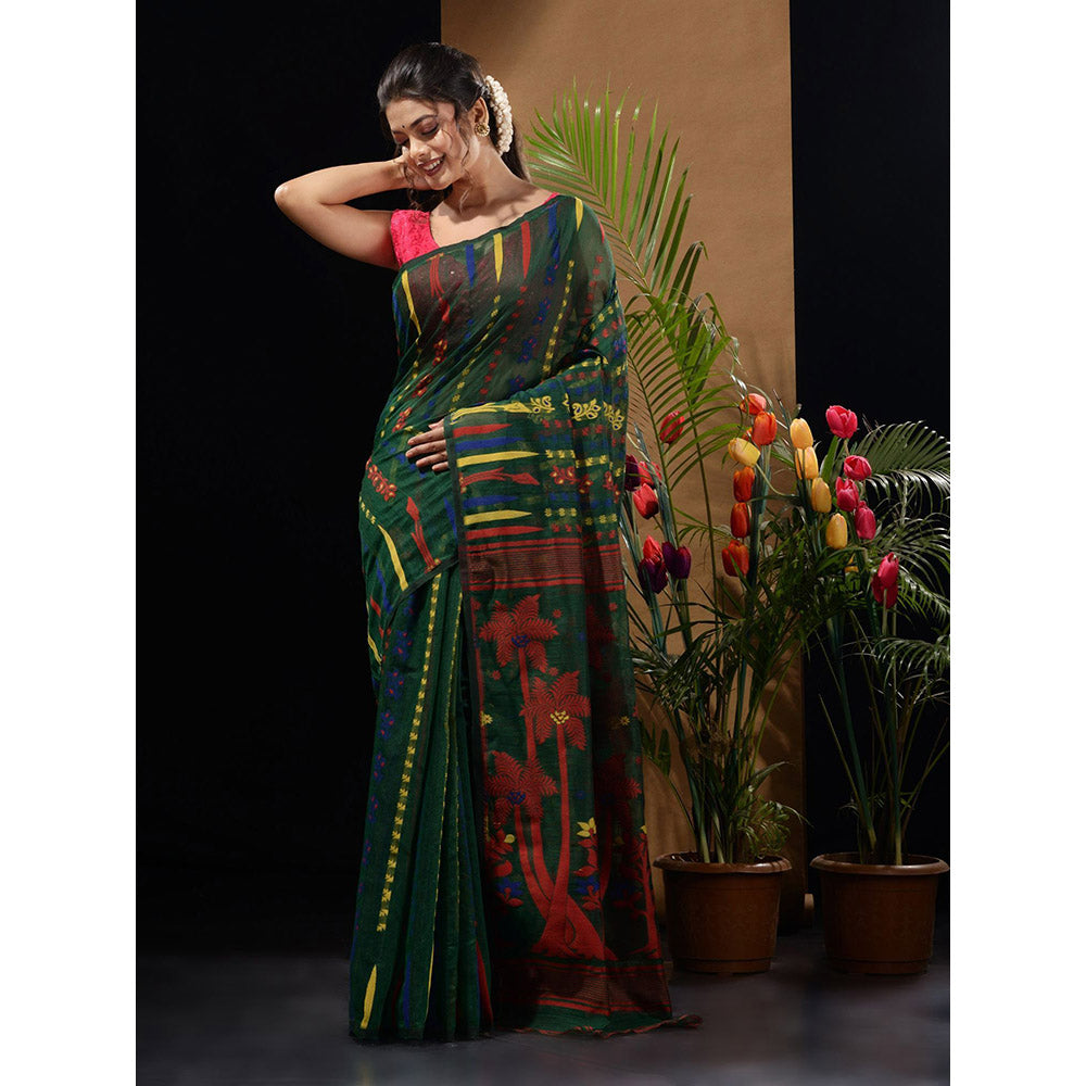 CHARUKRITI Emerald Green Handwoven Saree with Woven Designs