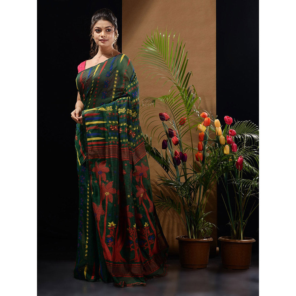 CHARUKRITI Emerald Green Handwoven Saree with Woven Designs