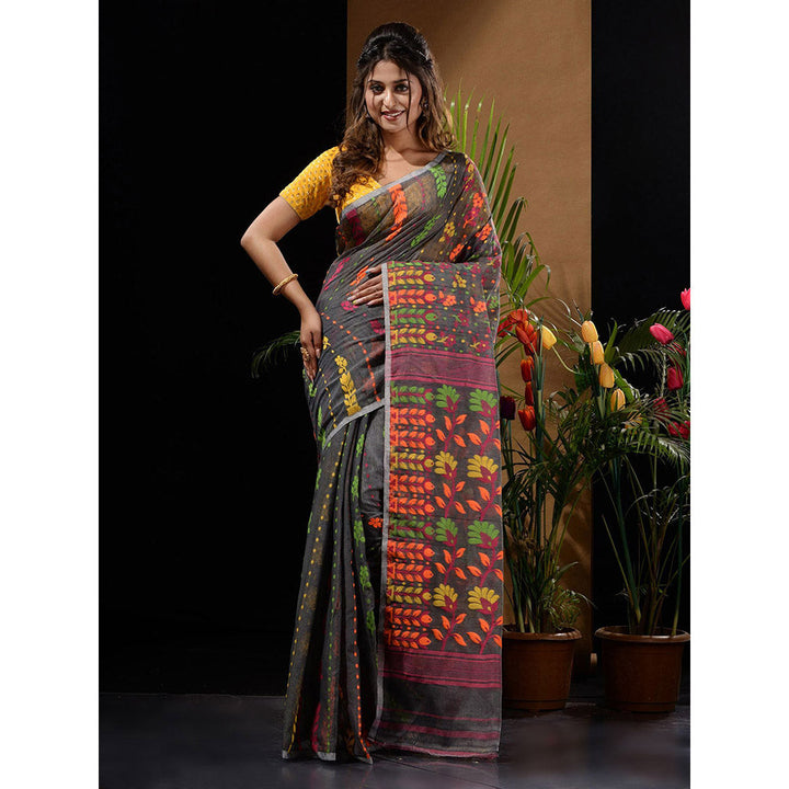 CHARUKRITI Dark Grey Handwoven Saree with Floral Designs & Motifs