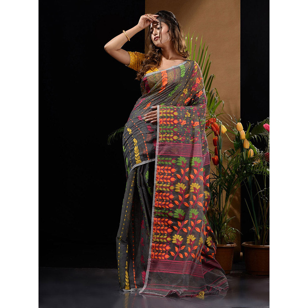 CHARUKRITI Dark Grey Handwoven Saree with Floral Designs & Motifs