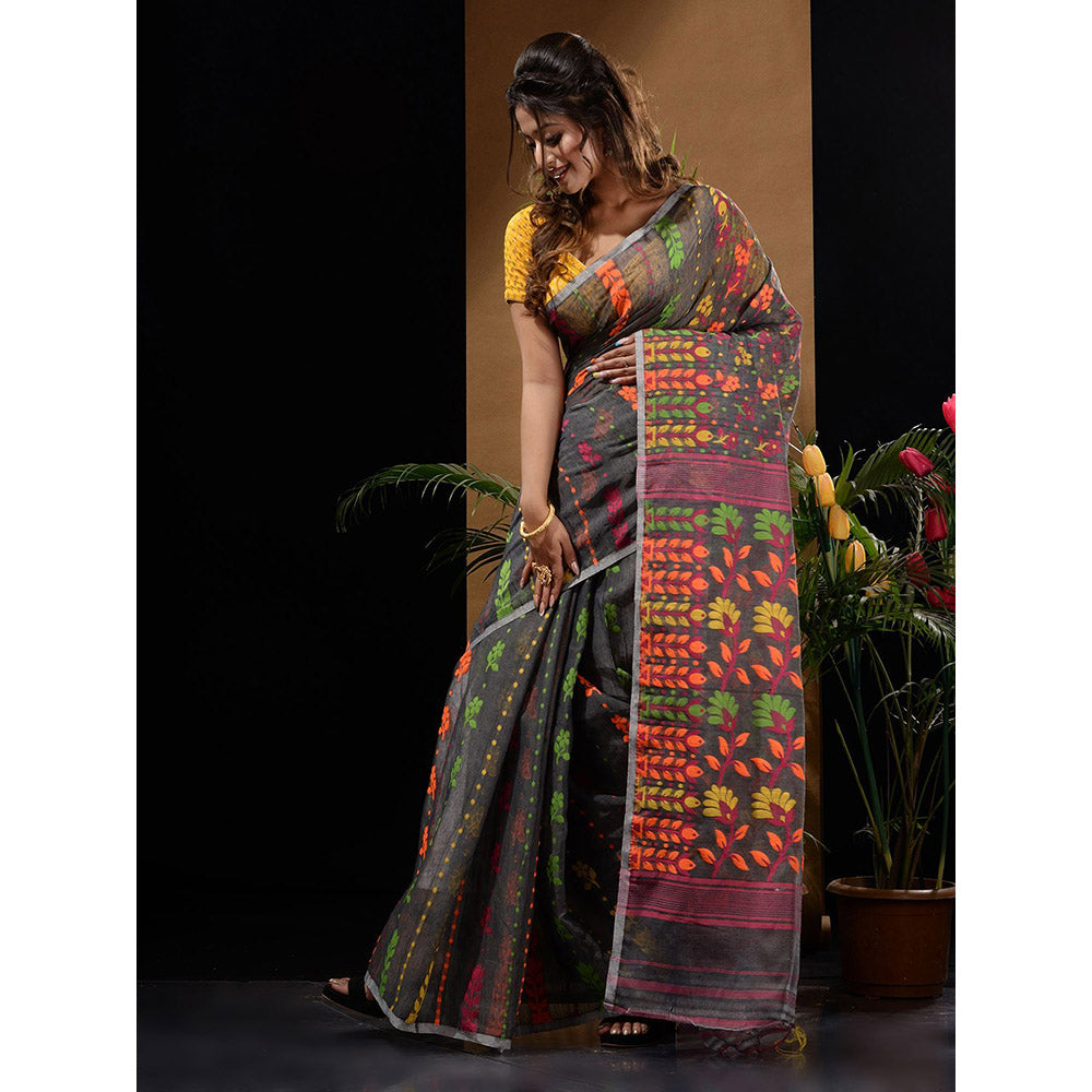 CHARUKRITI Dark Grey Handwoven Saree with Floral Designs & Motifs