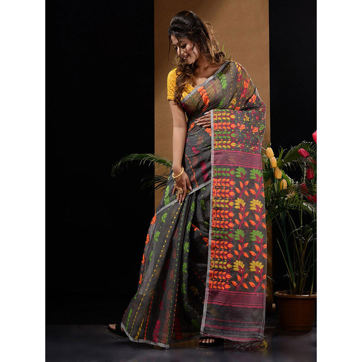 CHARUKRITI Dark Grey Handwoven Saree with Floral Designs & Motifs