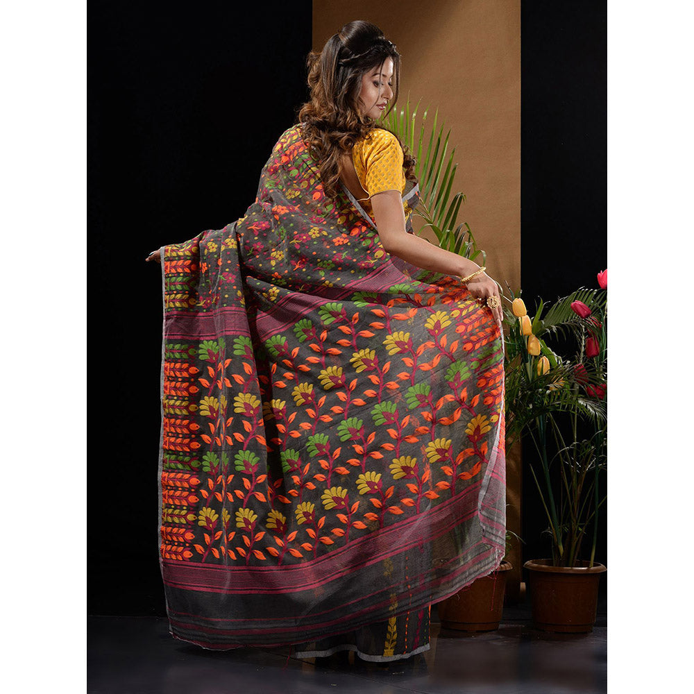 CHARUKRITI Dark Grey Handwoven Saree with Floral Designs & Motifs