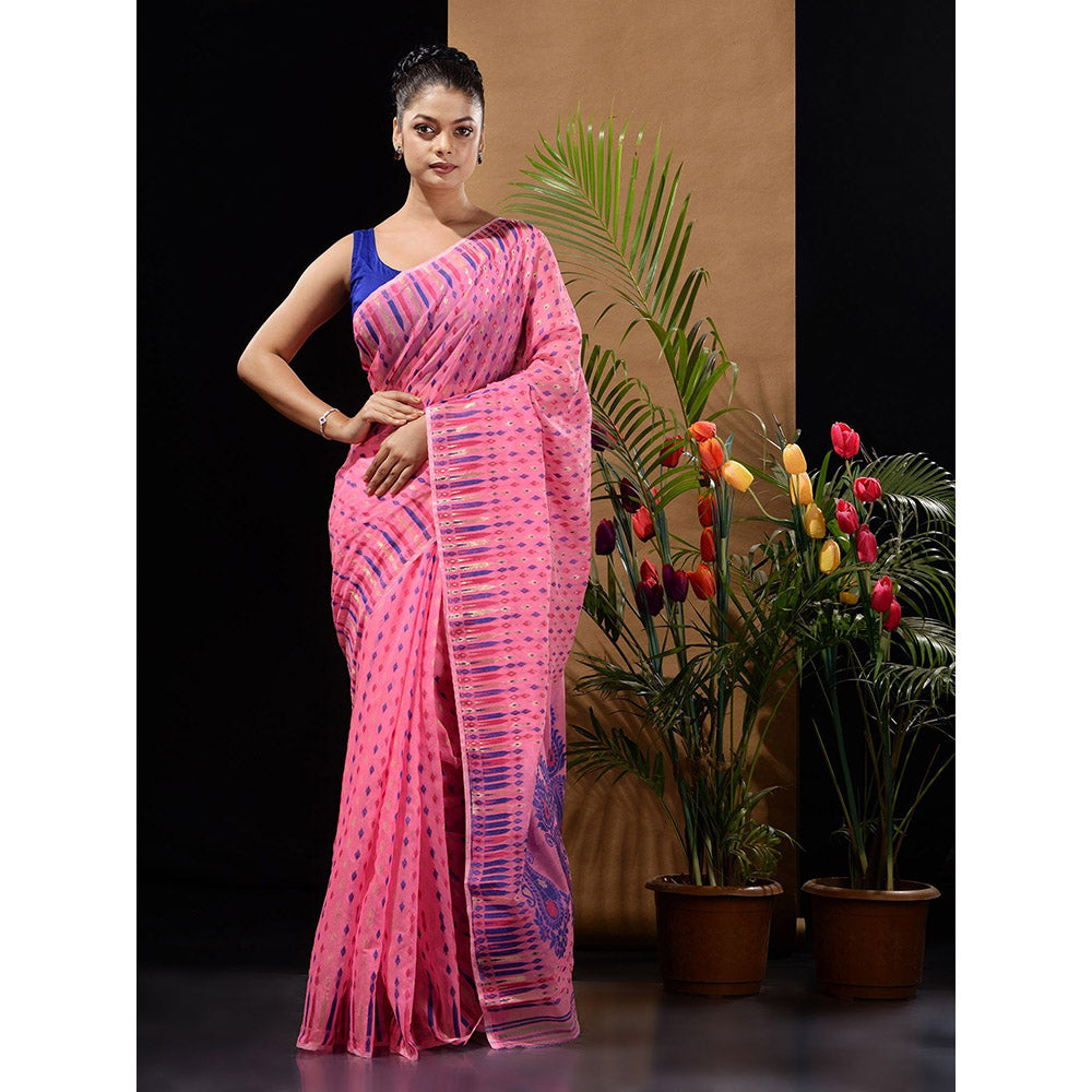 CHARUKRITI Pink Handwoven Saree with Woven Buttas & Ethnic Designs