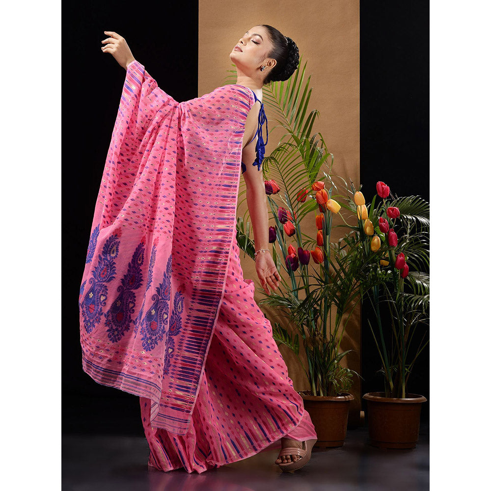 CHARUKRITI Pink Handwoven Saree with Woven Buttas & Ethnic Designs