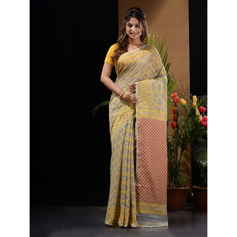 CHARUKRITI Light Grey Handwoven Saree with Woven Patterns & Zari Pallu