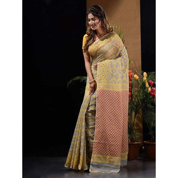 CHARUKRITI Light Grey Handwoven Saree with Woven Patterns & Zari Pallu