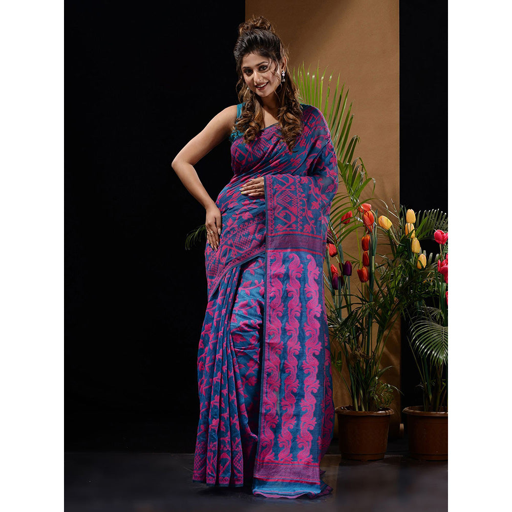 CHARUKRITI Sapphire Blue & Pink Handwoven Saree with Floral & Paisley Designs