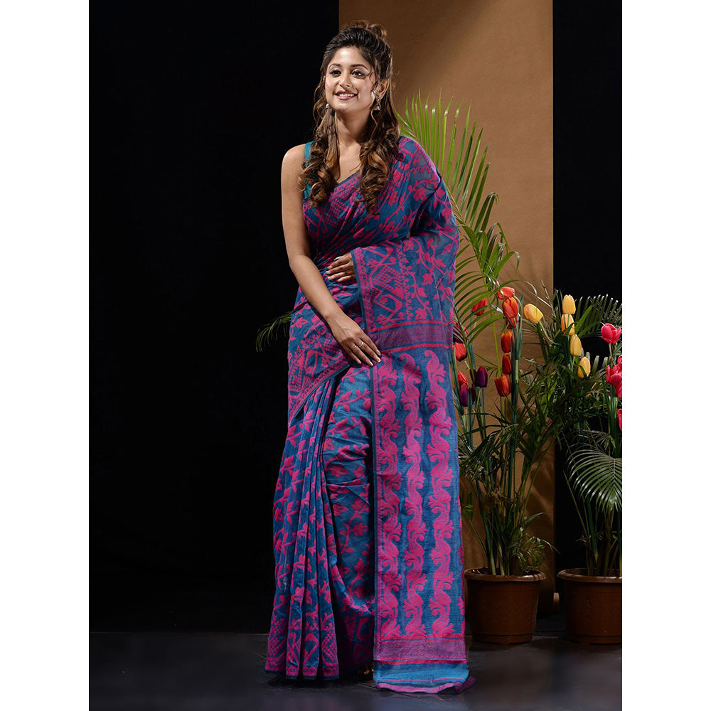 CHARUKRITI Sapphire Blue & Pink Handwoven Saree with Floral & Paisley Designs