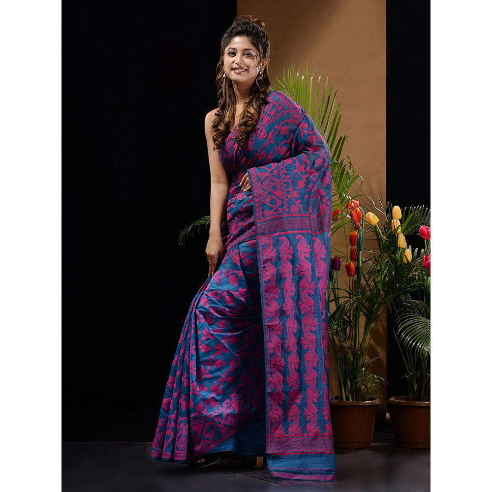 CHARUKRITI Sapphire Blue & Pink Handwoven Saree with Floral & Paisley Designs