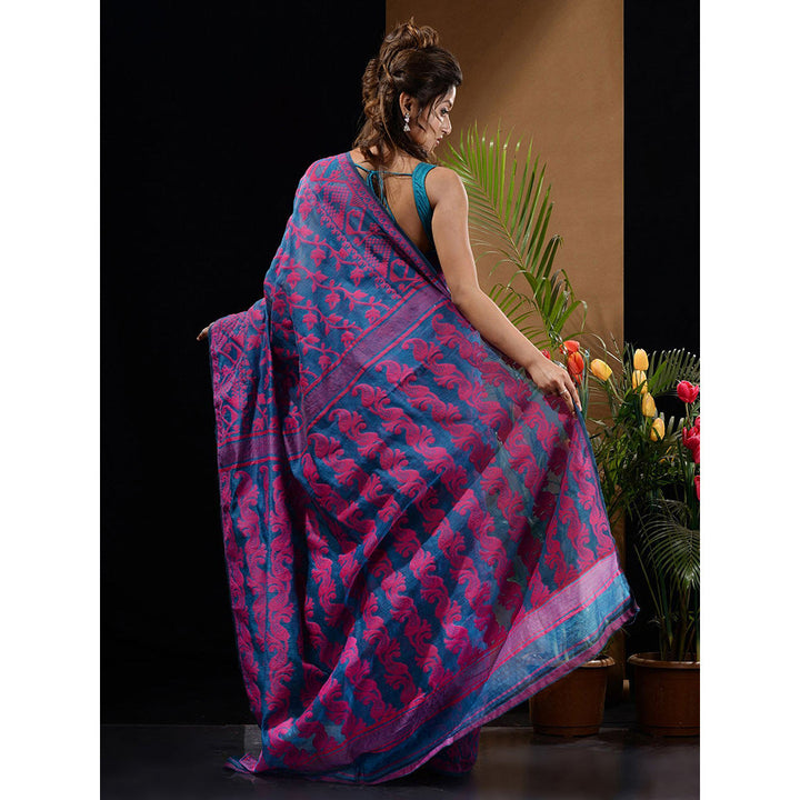 CHARUKRITI Sapphire Blue & Pink Handwoven Saree with Floral & Paisley Designs