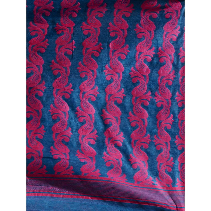 CHARUKRITI Sapphire Blue & Pink Handwoven Saree with Floral & Paisley Designs