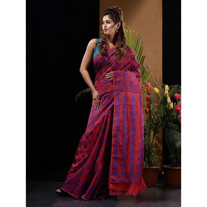 CHARUKRITI Red & Blue Handwoven Saree with Floral & Paisley Designs