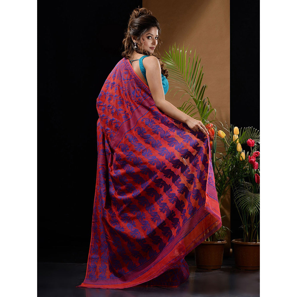 CHARUKRITI Red & Blue Handwoven Saree with Floral & Paisley Designs