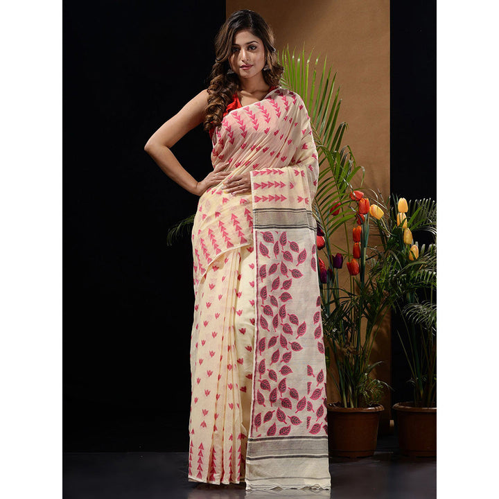 CHARUKRITI Off White Handwoven Saree with Geometric Designs & Foliage Patterns