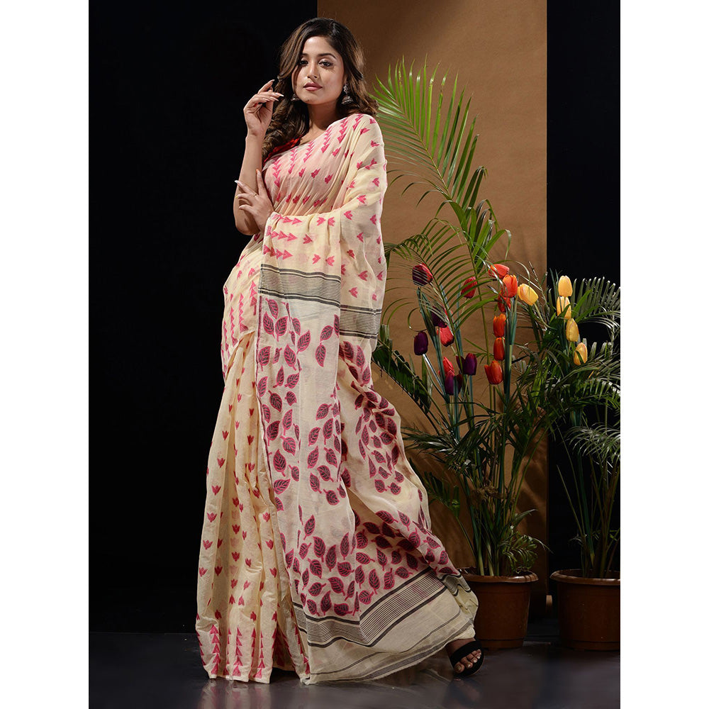 CHARUKRITI Off White Handwoven Saree with Geometric Designs & Foliage Patterns