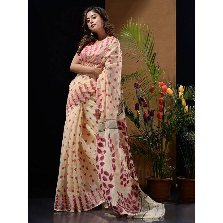 CHARUKRITI Off White Handwoven Saree with Geometric Designs & Foliage Patterns