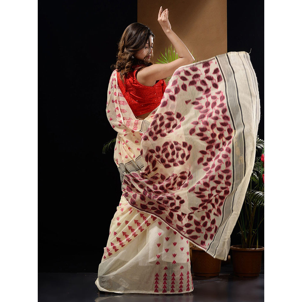 CHARUKRITI Off White Handwoven Saree with Geometric Designs & Foliage Patterns