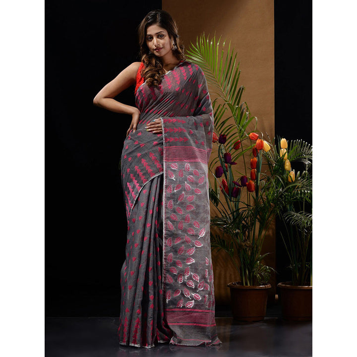 CHARUKRITI Grey Handwoven Saree with Geometric Designs & Foliage Patterns