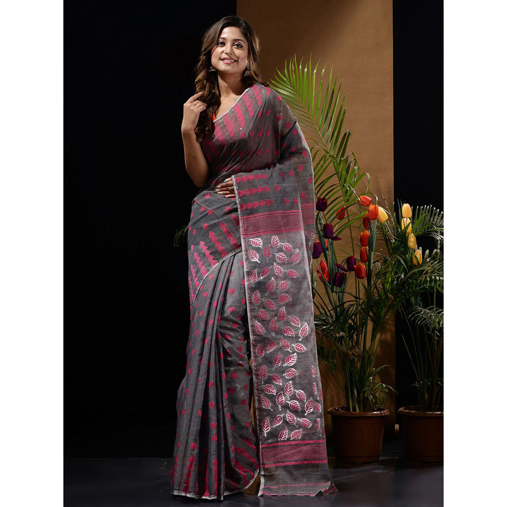 CHARUKRITI Grey Handwoven Saree with Geometric Designs & Foliage Patterns