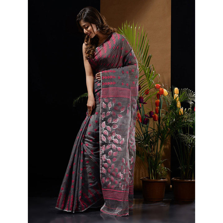 CHARUKRITI Grey Handwoven Saree with Geometric Designs & Foliage Patterns