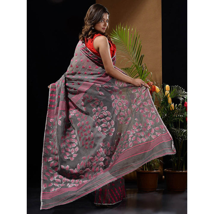 CHARUKRITI Grey Handwoven Saree with Geometric Designs & Foliage Patterns