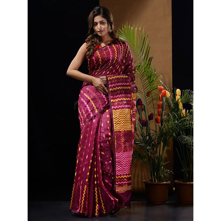 CHARUKRITI Magenta Handwoven Saree with Chevron Patterns & Bird Motifs