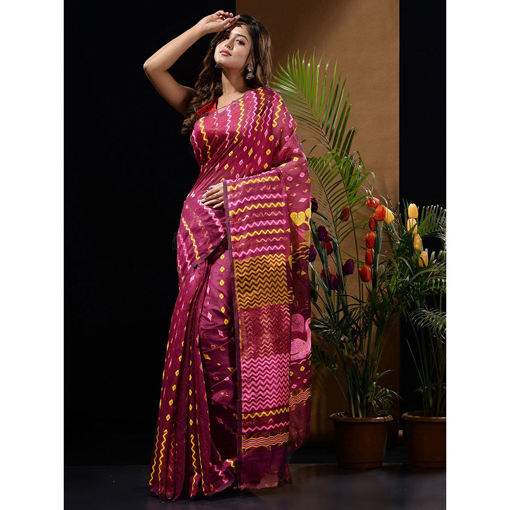 CHARUKRITI Magenta Handwoven Saree with Chevron Patterns & Bird Motifs