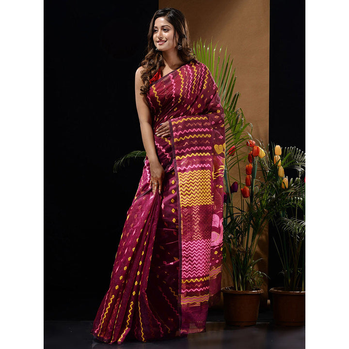 CHARUKRITI Magenta Handwoven Saree with Chevron Patterns & Bird Motifs