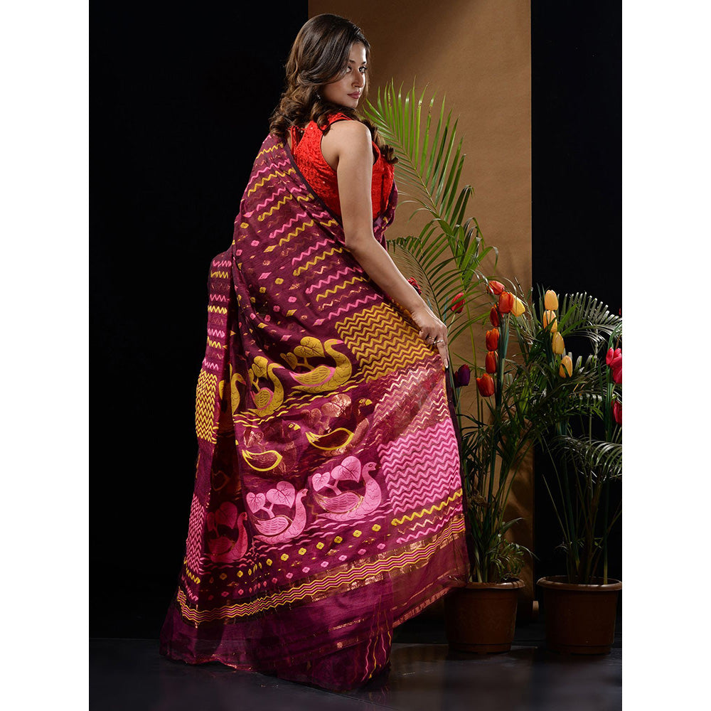 CHARUKRITI Magenta Handwoven Saree with Chevron Patterns & Bird Motifs